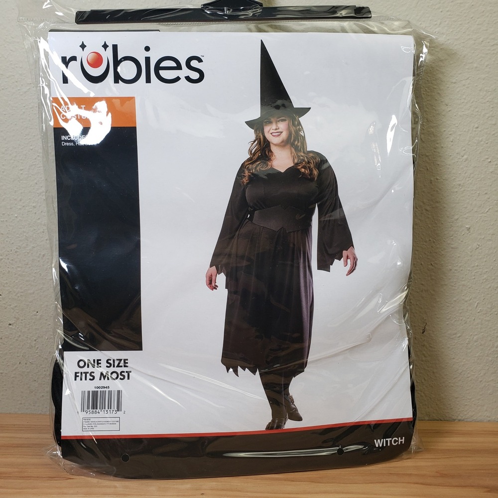 Rubie Adult Witch Costume Black Hat Dress Belt Simple Cosplay Halloween Goth NWT